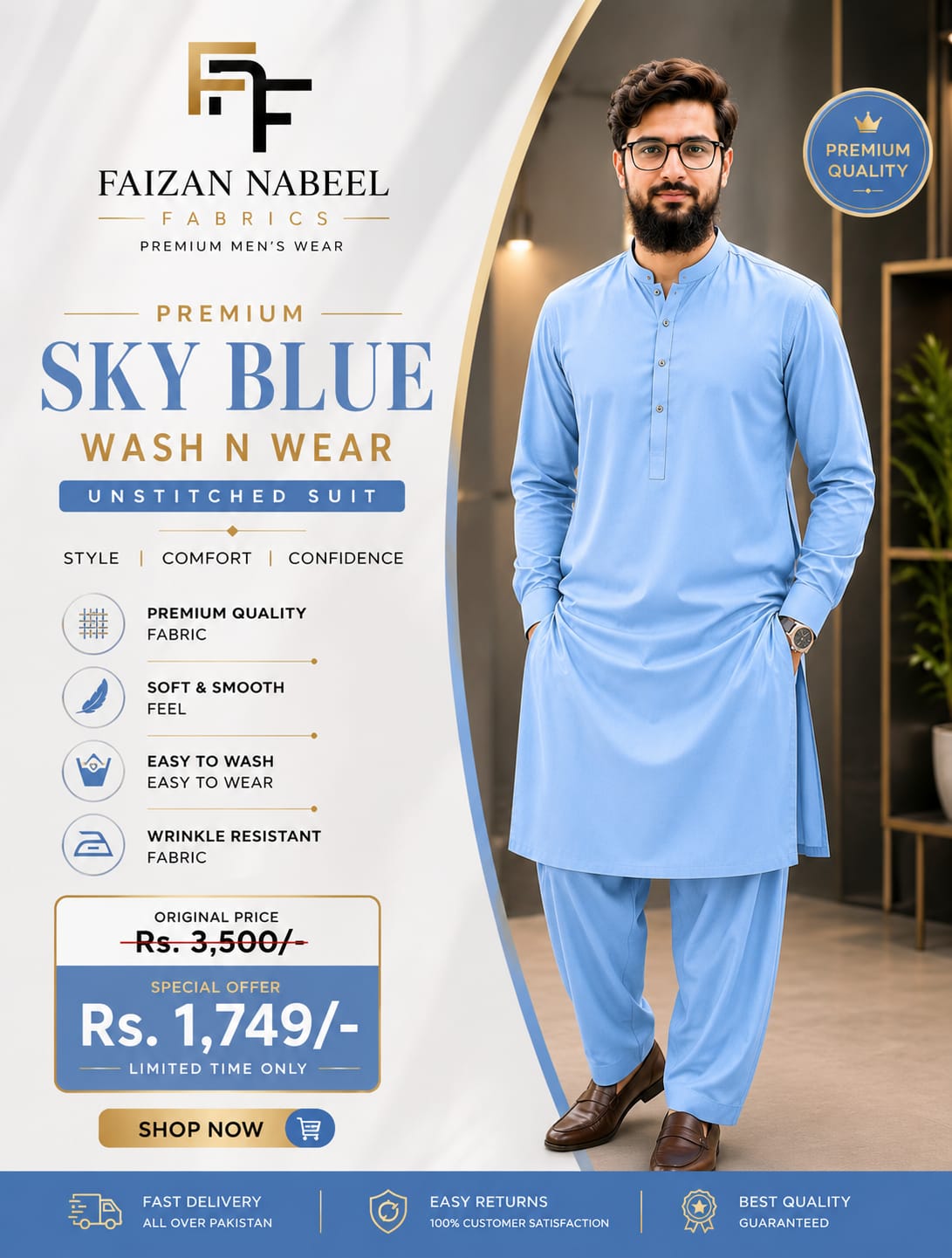 Premium Sky Blue Boski Wash N Wear – Unstitched Suit
